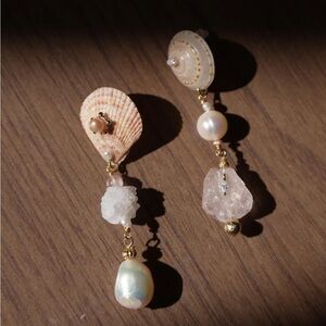 Handcrafted Asymmetric Seashell Earrings with Freshwater Pearl & Raw Crystal